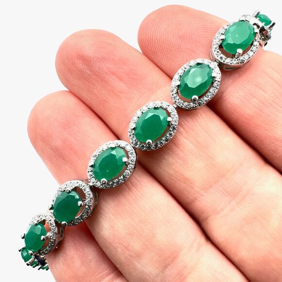 Green & White Gemstone Sterling Silver Tennis Bracelet 14 Grams 7 Inch - Picture 1 of 4